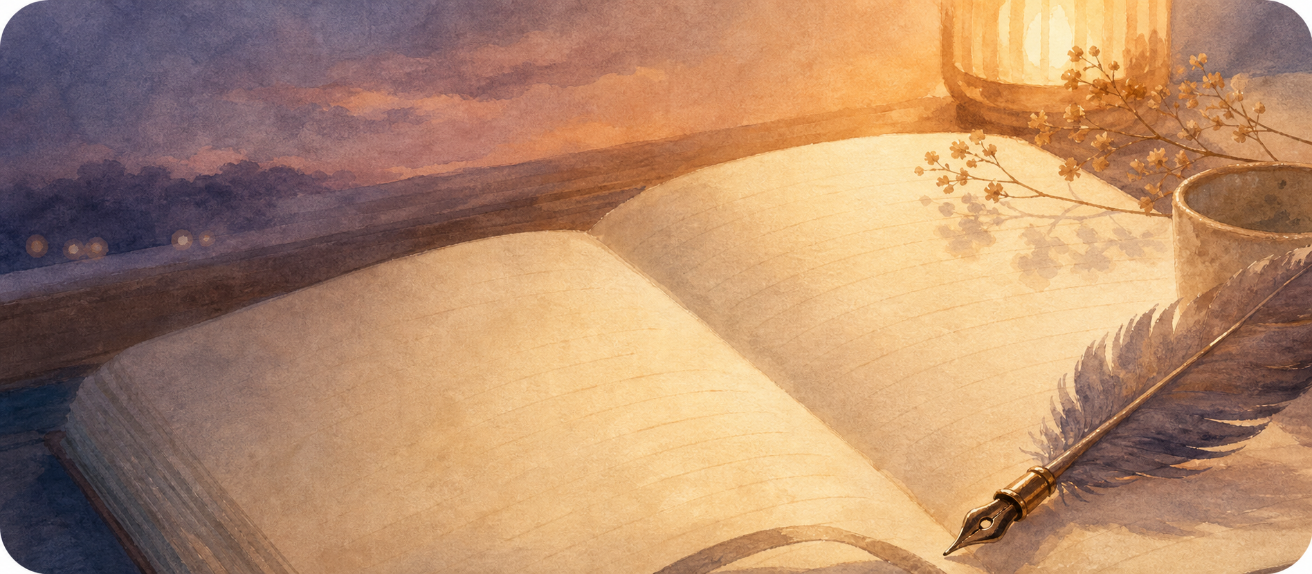 A warm watercolor journal by a window at dusk.